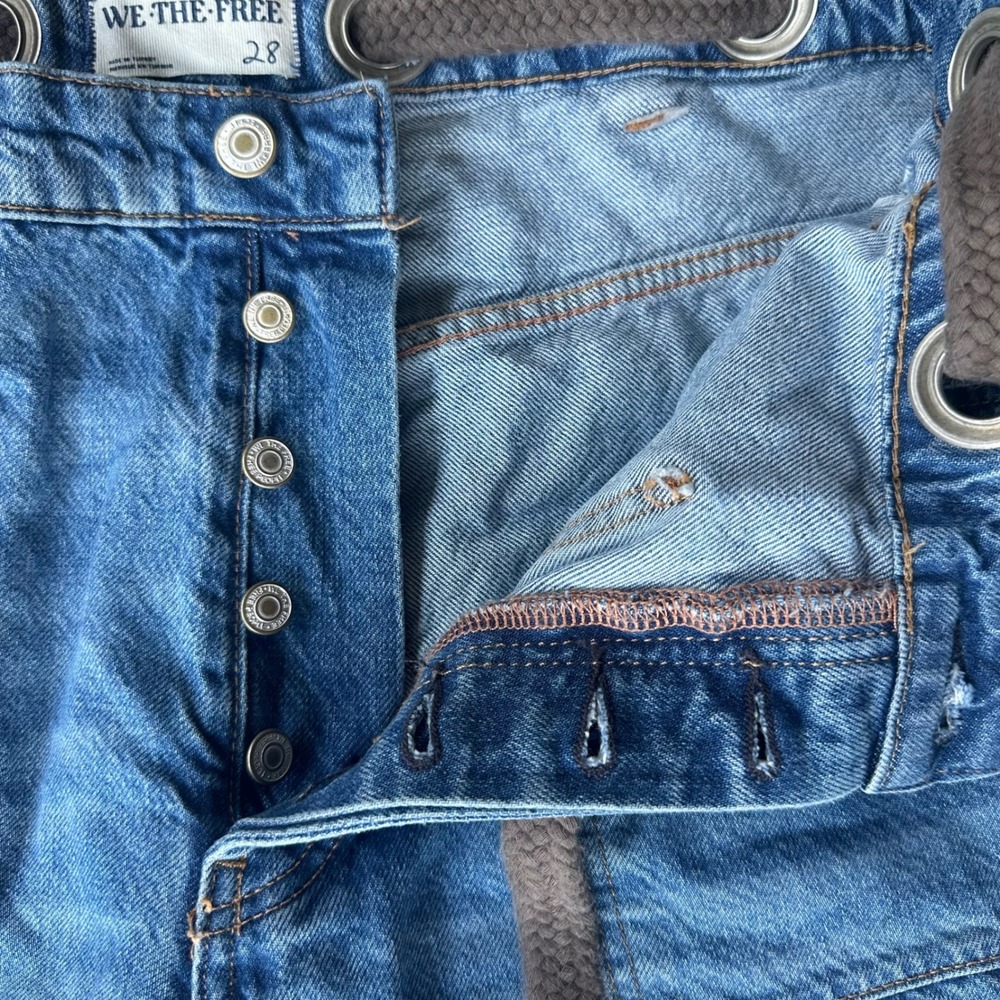 Free People Moxie Jeans Women 28 Blue Distressed Paint Splatter Rope Belt Barrel - Picture 6 of 9
